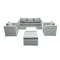 GARTENMÖBEL-SET mit Kissen Polyrattan Hellgrau-Mix 6-Sitzer - Hellgrau/Grau, Glas/Kunststoff - Fimous