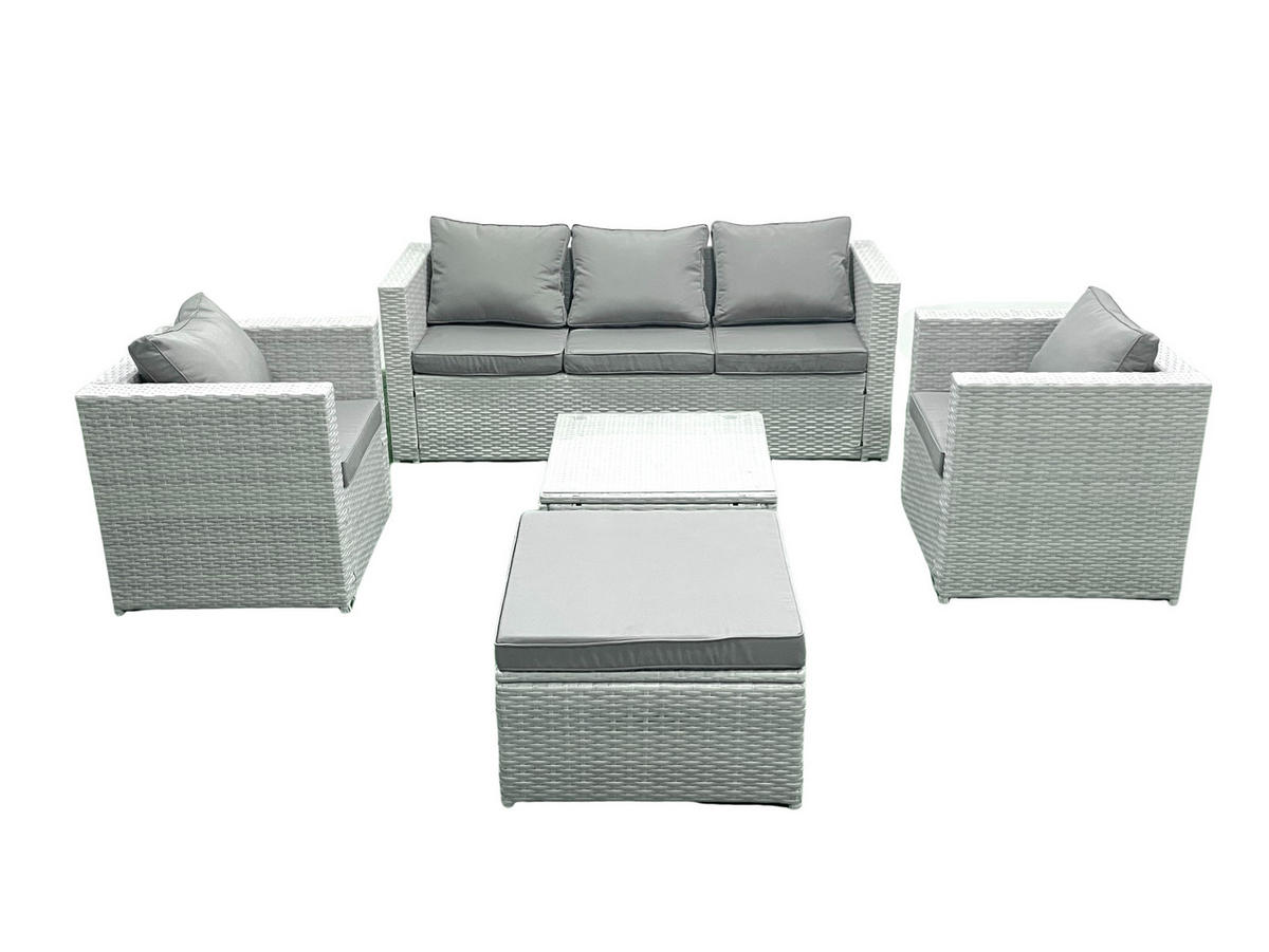 GARTENMÖBEL-SET mit Kissen Polyrattan Hellgrau-Mix 6-Sitzer - Hellgrau/Grau, Glas/Kunststoff - Fimous