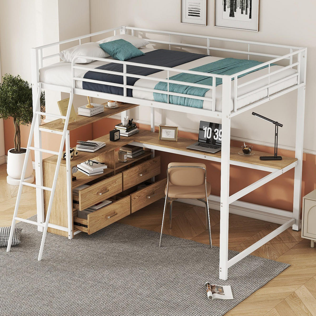 HOCHBETT aus Metall und MDF 140x200 cm Weiß mit L-förmigem Schreibtisch und 4 Schubladen - Weiß, Holzwerkstoff (140/200cm) - Modfu