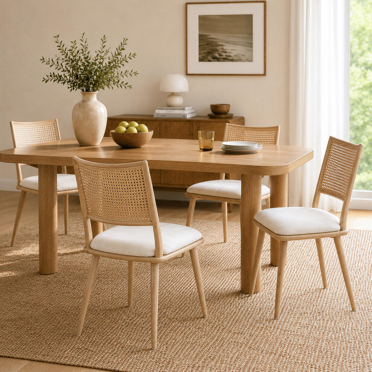 STUHL-SET DE-35951 4 Stück mit Rattan-Lehne und PU-Sitz Beige - Beige, Metall (48/80/46cm) - ComfortXL