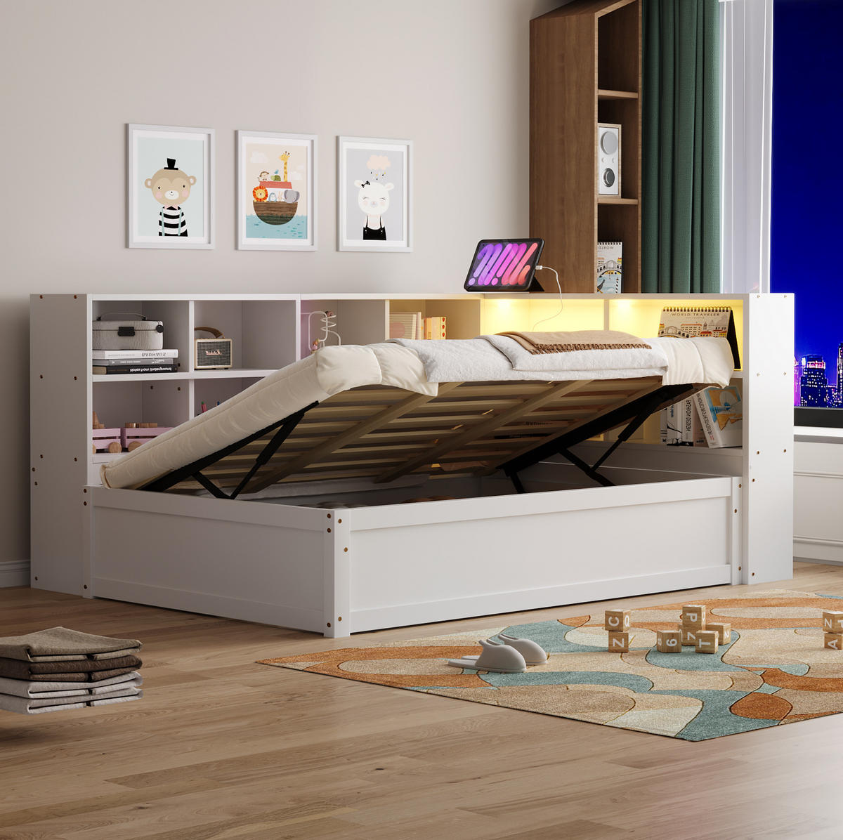 BETT 90/200 cm Weiß aus Holz mit Stauraum und LED-Lichtleiste - Weiß, Holz (90/200cm) - OKMYHOME