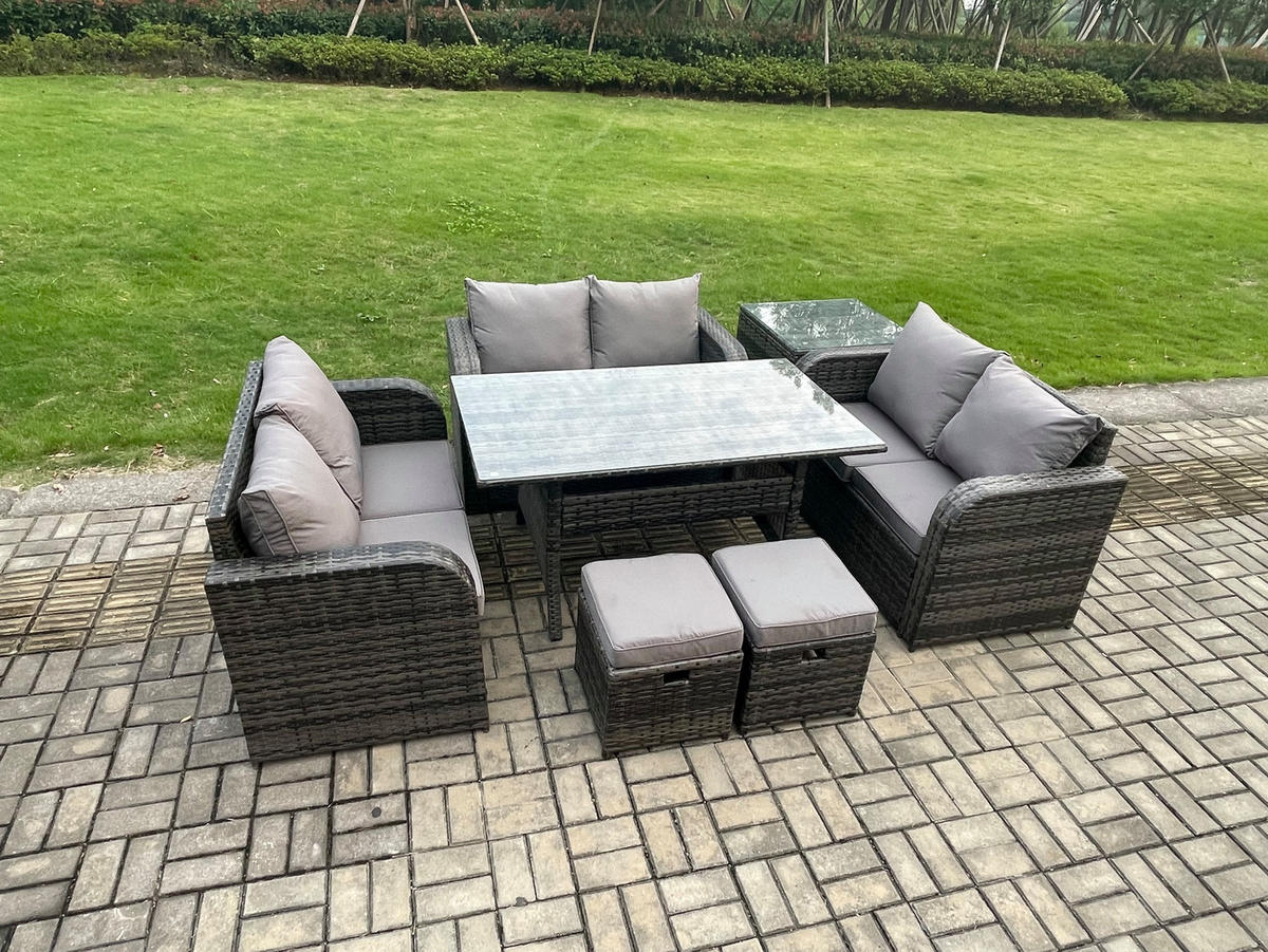 SITZGRUPPE mit Esstisch,Zweisitzer,Beistelltisch,2 Hockern Polyrattan 8-Sitzer - Dunkelgrau/Grau, Glas/Kunststoff - Fimous