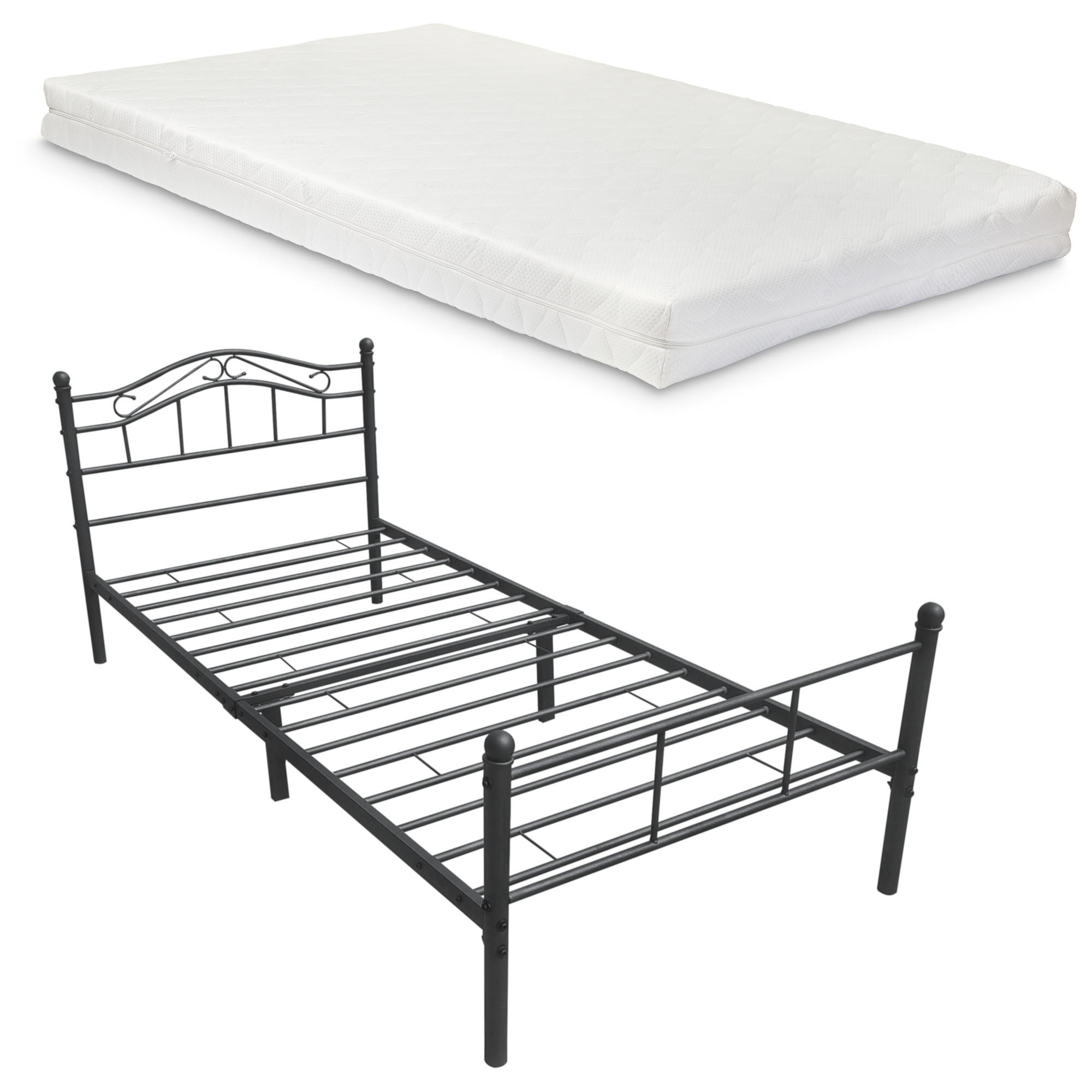 METALLBETT Florenz mit Matratze - Schwarz, Textil/Metall (120/200cm) - [en.casa]
