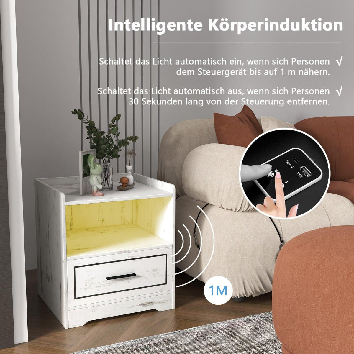 NACHTTISCH 2er Set mit LED, Bewegungssensor, USB- und Typ-C-Ladestation, MDF, Weiß - Weiß, Holzwerkstoff (45/50/40cm) - DESIGN IN