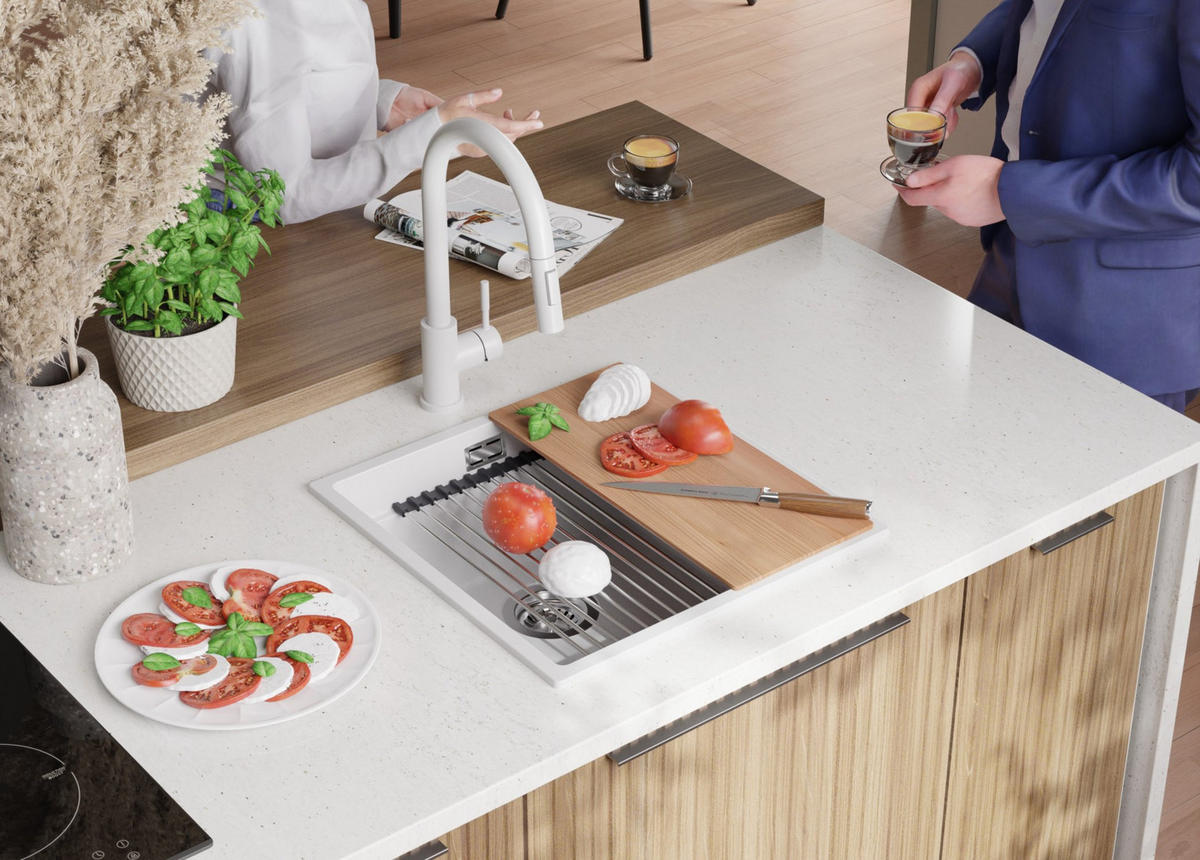 GRANITSPÜLE Praga Slim, 2-er set Weiß 46/47 cm 1 Becken + Küchenarmatur 40/20 cm + Ablauf-Set + Aufrollbare Abtropffläche ab 50er Unterschrank - Chromfarben/Weiß, Kunststoff (46/20/47cm) - Primagran