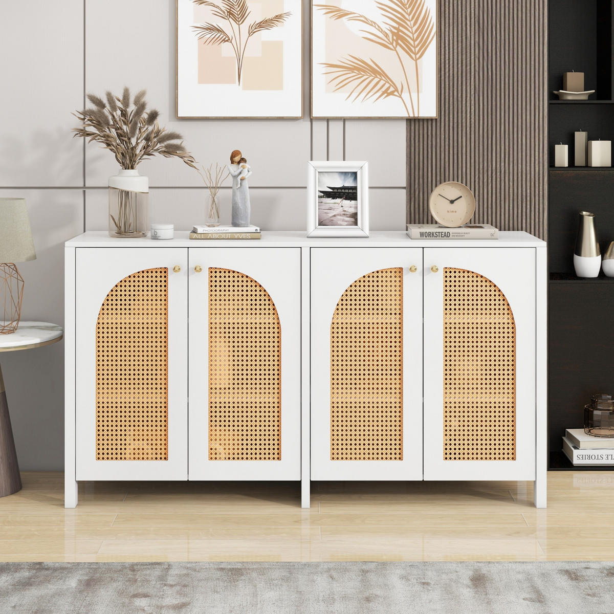 SIDEBOARD 145x40x80 cm, 4 Türen, Rattanoptik, Weiß - Weiß, Holz (145/80/40cm)