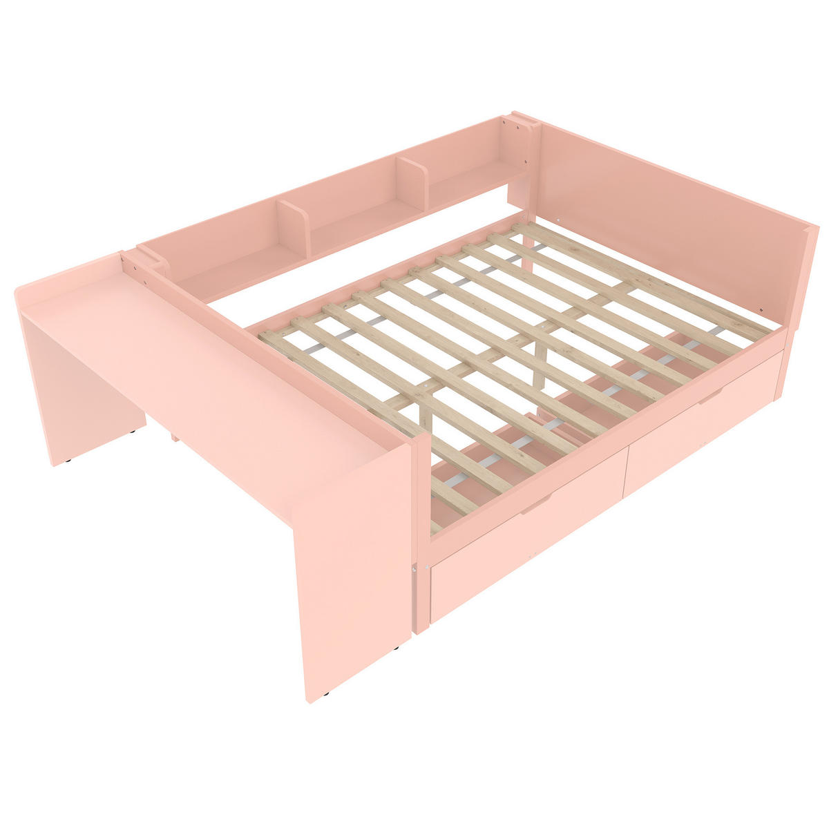 BETT 140/200 cm mit Schreibtisch, 2 Schubladen und 3 Regalen aus Kiefern und Spanplatte, Weiß/Rosa - Rosa, Holzwerkstoff (140/200cm) - Redom