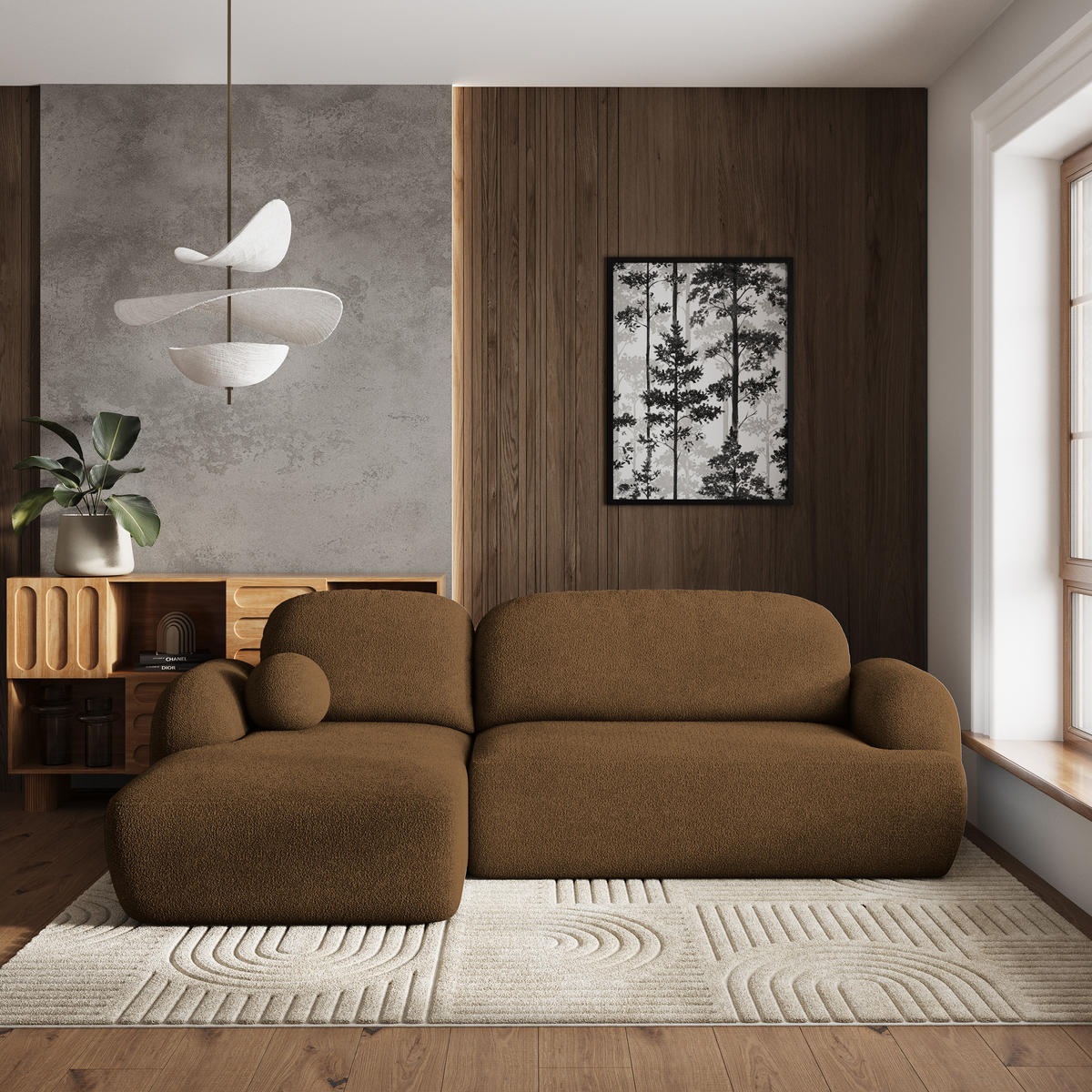 ECKSOFA MODENZA N L-S Braun Boucle-Stoff mit Schlaffunktion - Schwarz/Braun, Holz/Kunststoff (266/148cm) - MASSENO