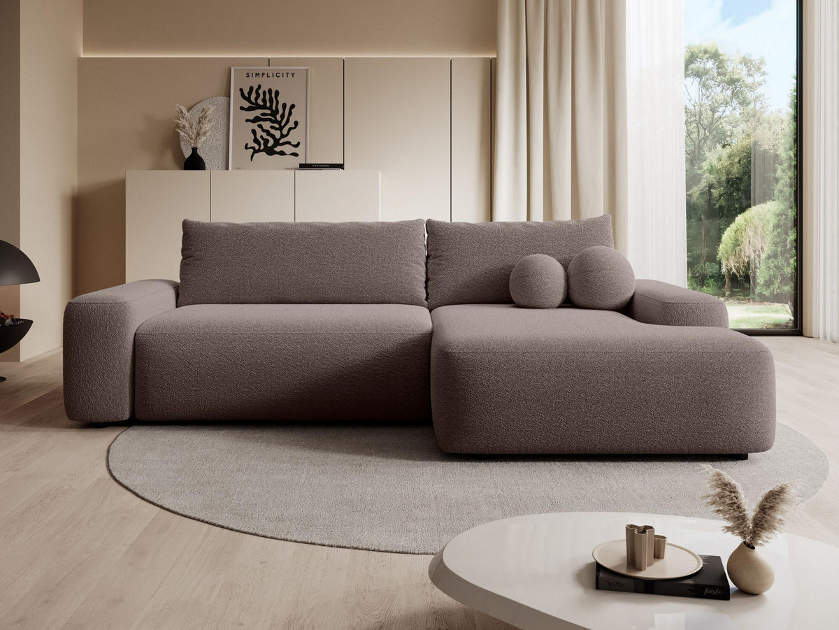 ECKSOFA RUOTA Braun Boucle-Stoff mit Schlaffunktion - Braun, Holz (264/162cm) - MASSENO