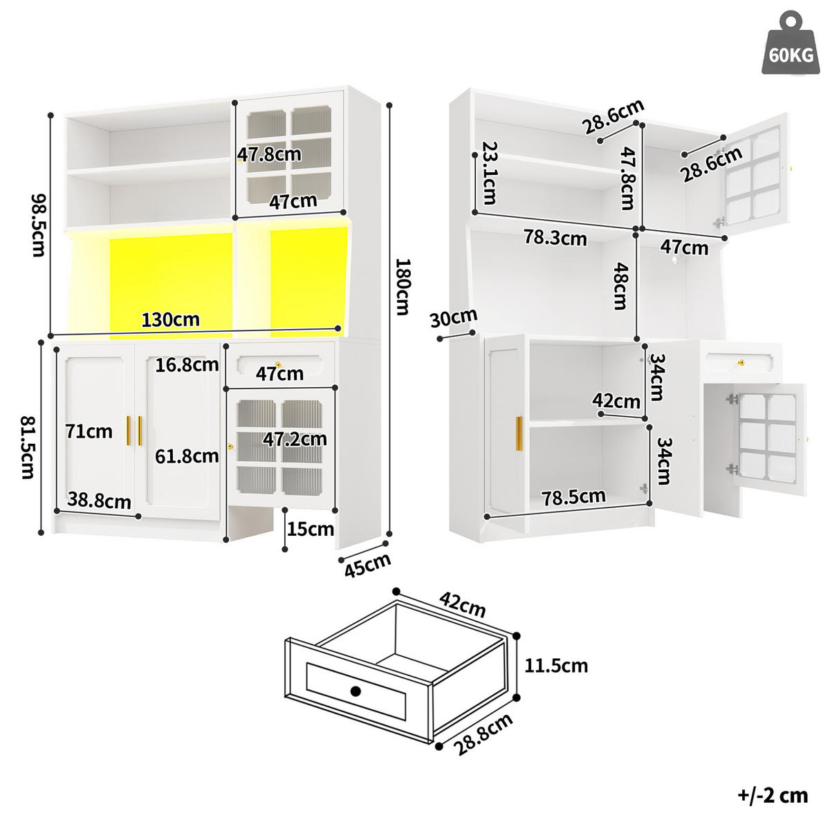 KUHINJSKI ormar 130/45/180 cm bijeli od MDF-a s LED rasvjetom i staklenim vratima - bijela, drvni materijal (130/180/45cm) - OKWISH