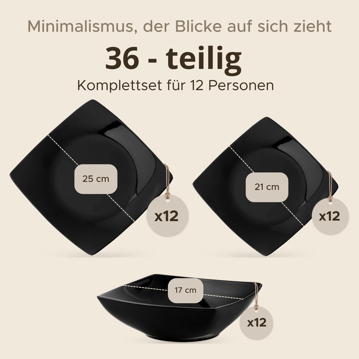 TAFELSERVICE EPIRI 12 Personen 36-tlg - Schwarz Hochglanz, Keramik (25/2/25cm) - KONSIMO®
