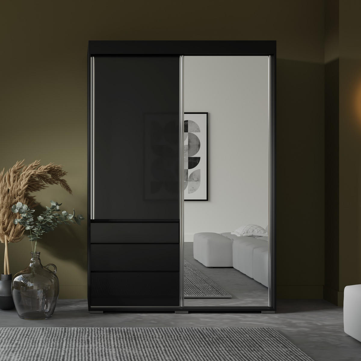 SCHIEBETÜRENSCHRANK mit Schubladen und Spiegel Torino 2D1L 140 Schwarz (Lacobel) - Silberfarben/Schwarz, Holzwerkstoff/Metall (140/204/65cm) - mzm24