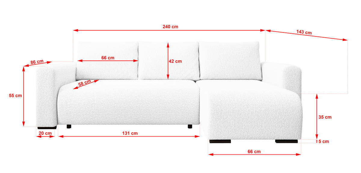 ECKSOFA DORA L, Eckcouch in L-Form mit Schlaffunktion und Bettkasten, Farbe: Weiß, Bouclé-Stoff, Ottomane Rechts - Weiß, Textil (240/143cm) - Storez24