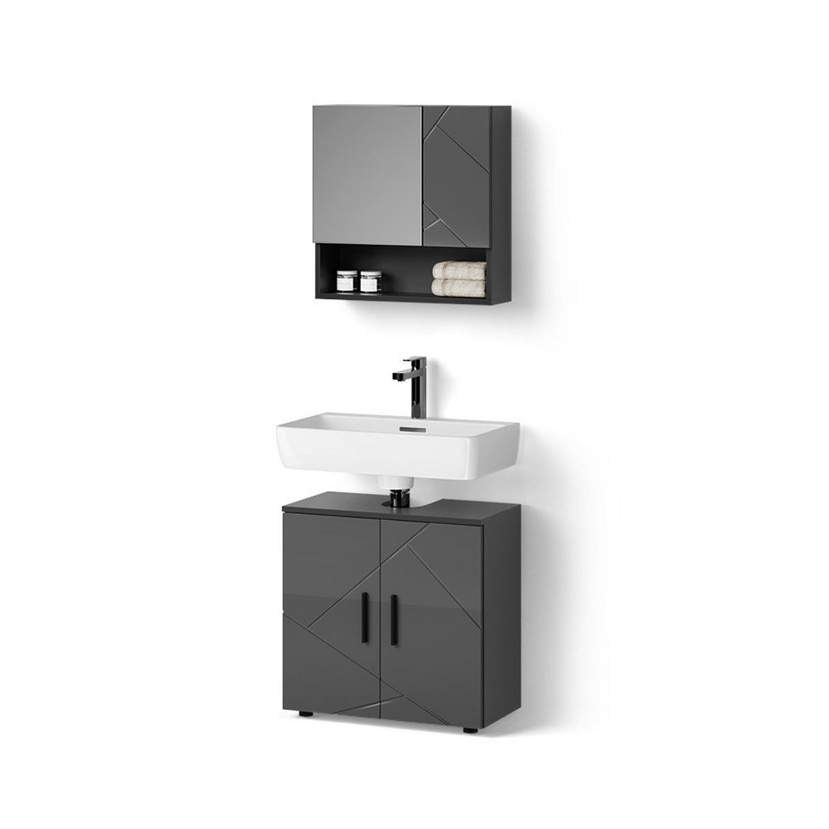 BADMÖBEL-SET Ronco Anthrazit Hochglanz 2 Teile, Unterschrank 60 cm - Anthrazit, Holzwerkstoff (60/81/30cm) - Livinity®