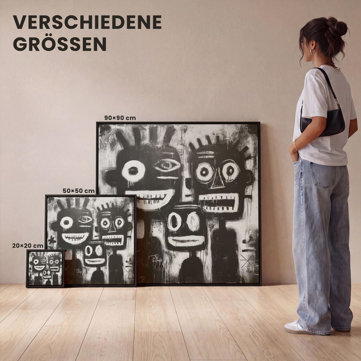 LEINWAND Bilder mit Rahmen - Malerei - Figuren - Schwarz - Abstrakt - 90x90 - Schwarz, Textil (90/90cm) - MuchoWow