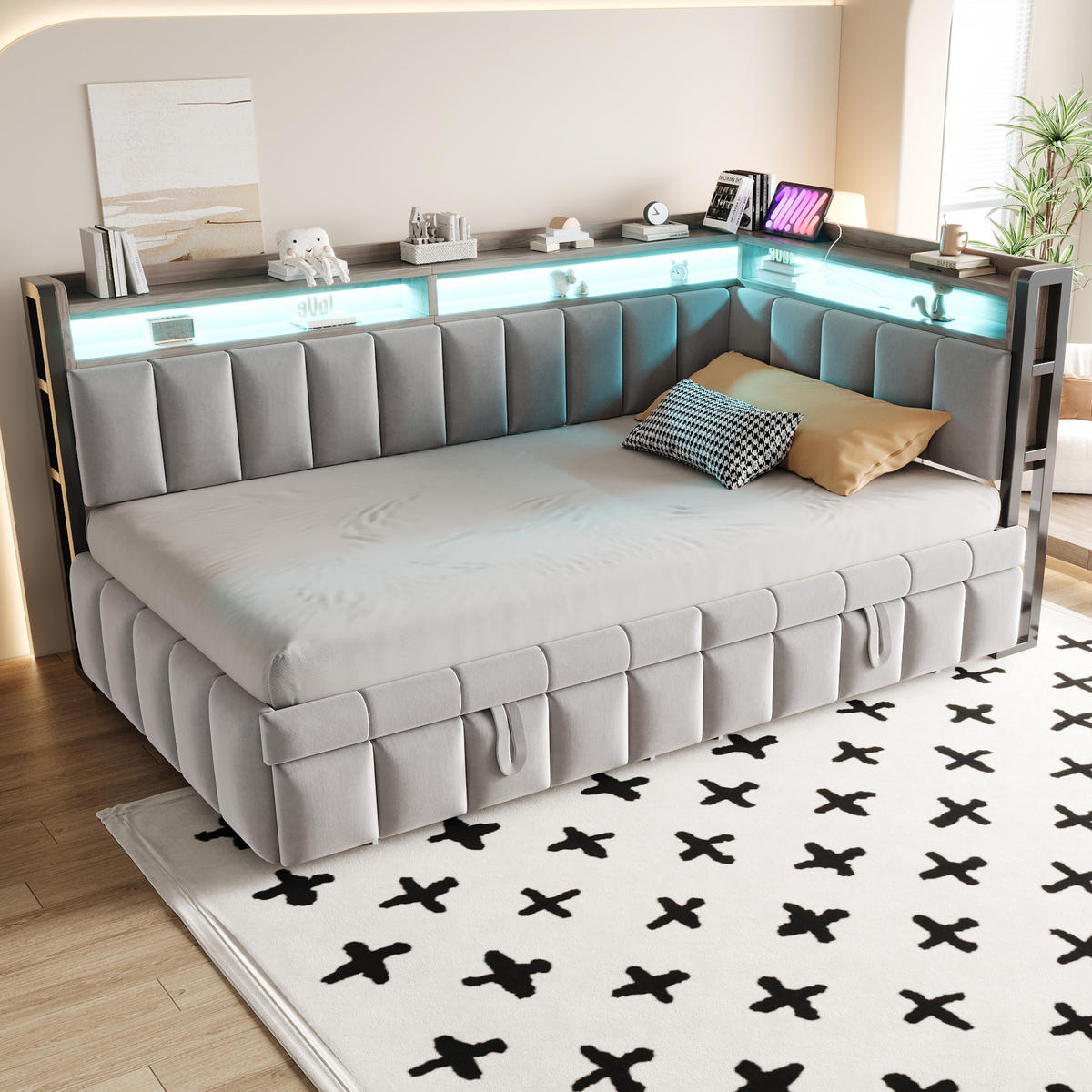 AUSZIEHBETT 90/200 cm ausziehbar mit LED und USB, DE-41717, in Hellgrau - Hellgrau, Metall (90/200cm) - ComfortXL