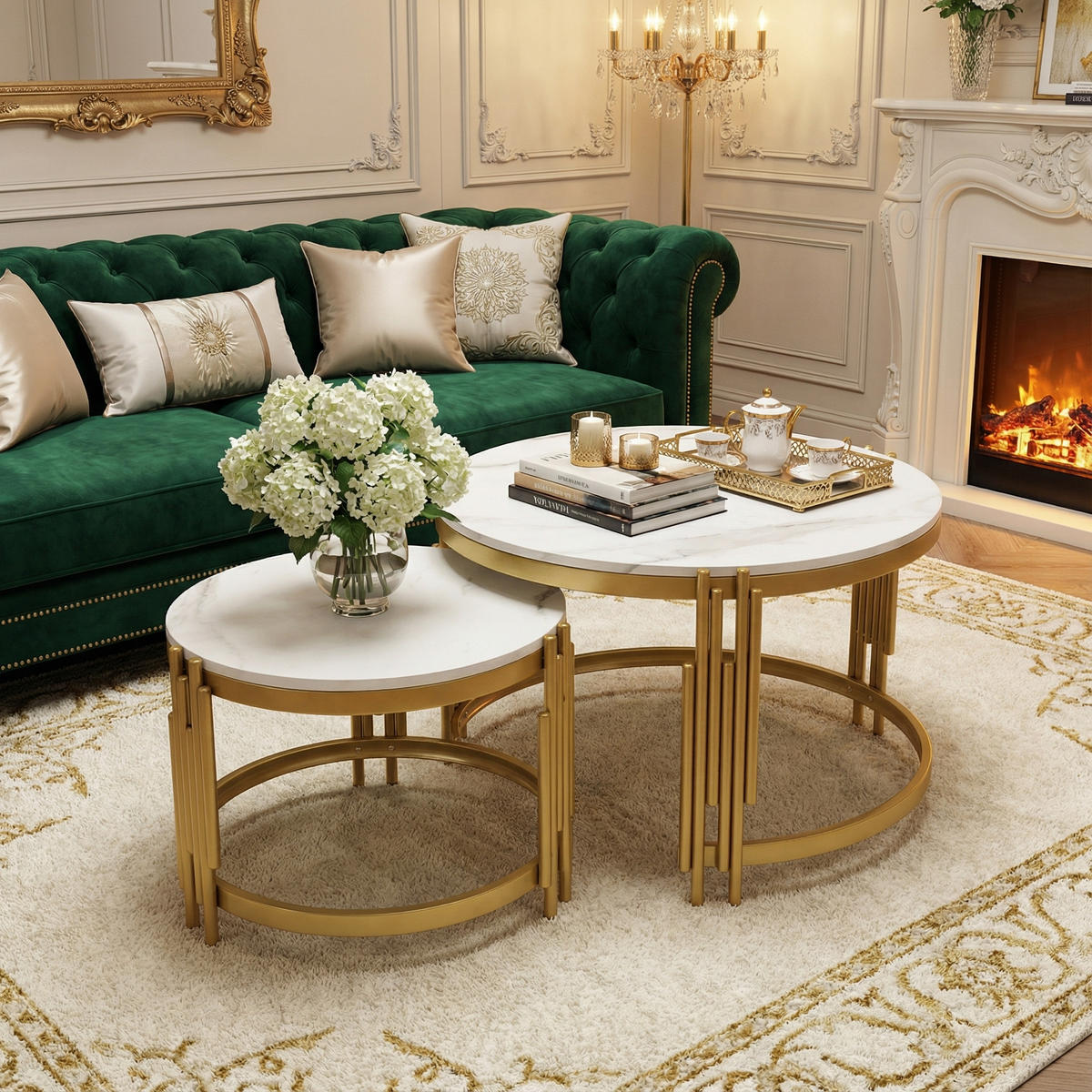 SATZTISCHE Runde in Marmor-Optik Weiß & Gold - Weiß, Holzwerkstoff (71.5/71.5/44cm) - Urban Meuble