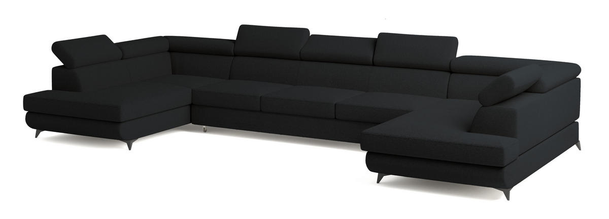 WOHNLANDSCHAFT URMANO Schwarz Boucle-Stoff mit Schlaffunktion - Schwarz, Holz (395/89/190cm) - MASSENO