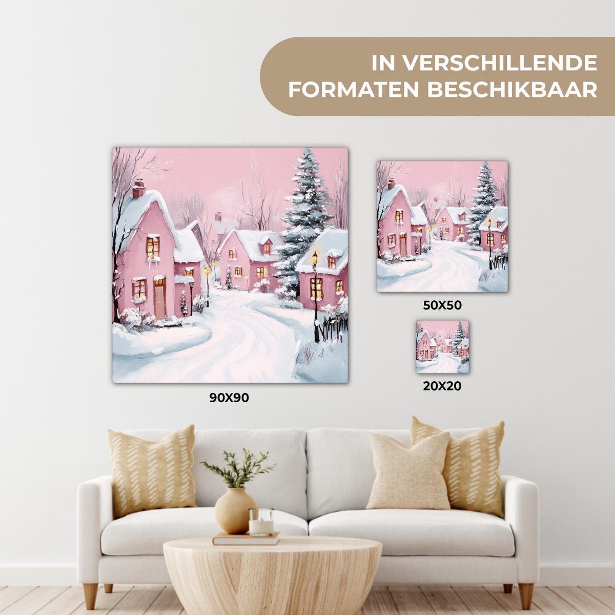 LEINWANDBILD Weihnachtsdorf - Rosa - Winter - Schnee - Häuser Deko Groß 90x90 cm - Altrosa, Textil (90/90cm) - MuchoWow