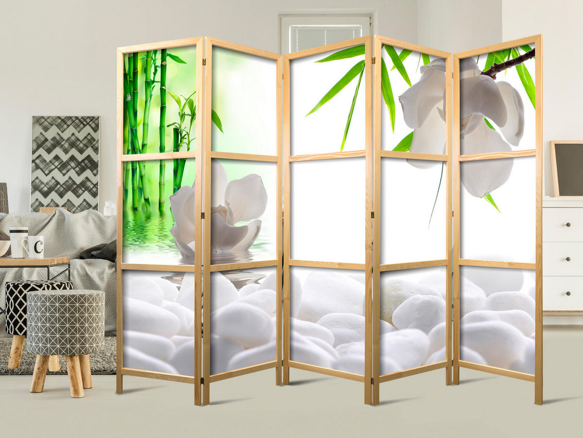 PARAVENT Japanischer 5-tlg 225x172 cm Steine Pflanzen 3D - Weiß, Holz/Textil (225/172/3cm) - Muralo