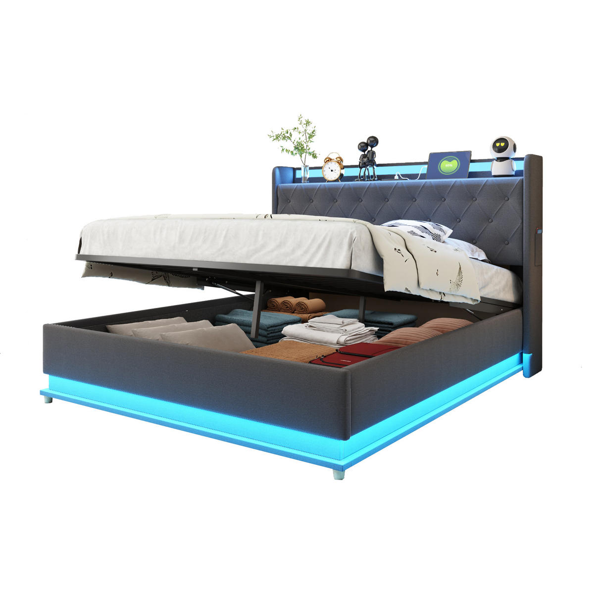 POLSTERBETT 140/200 cm grau mit LED-Beleuchtung und USB-Ladeanschluss - Grau, Textil (140/200cm) - OKWISH