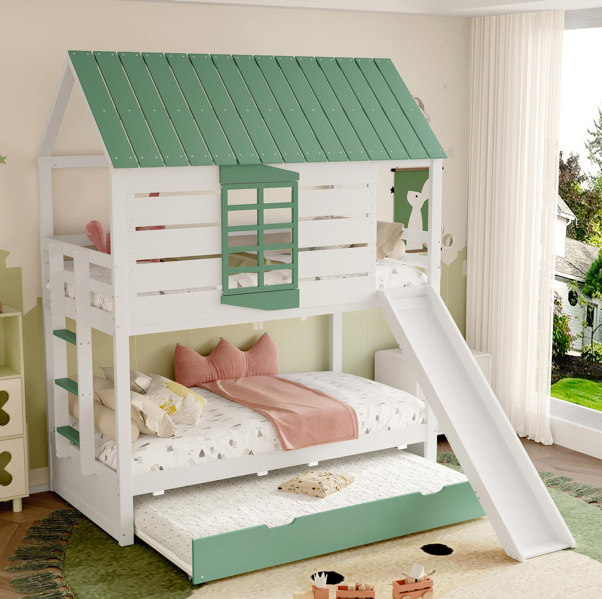 ETAGENBETT 90/200 cm in Weiß/Grün mit Rutsche und Ausziehbett - Weiß, Holzwerkstoff (90/200cm) - OKMYHOME