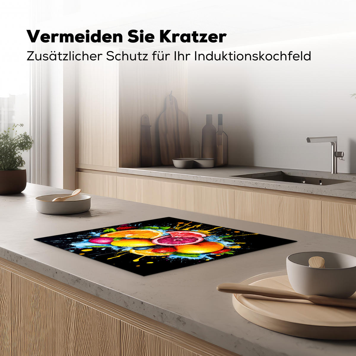 HERDABDECKPLATTE Obst - Graffiti - Bunt - Orange - Erdbeere - Abstrakt 58x51 cm - Orange, Kunststoff (58.3/0.2/51.3cm) - MuchoWow