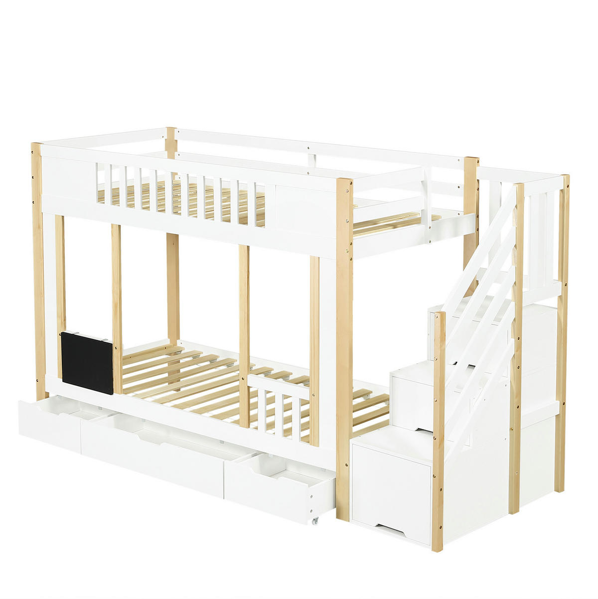 ETAGENBETT 90/200 cm in Weiß/Natur mit Treppenschrank und 3 Schubladen - Weiß, Holzwerkstoff (90/200cm) - Flora Grace