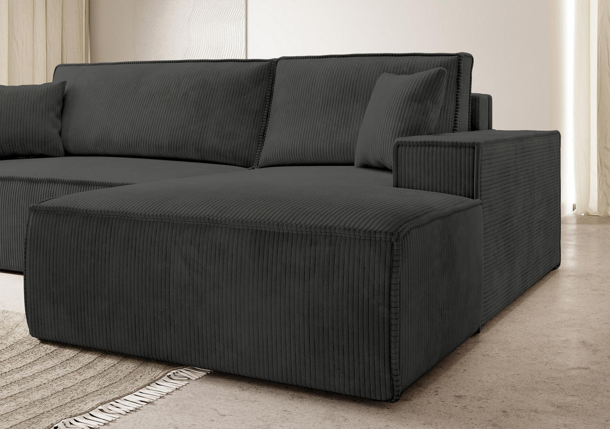 ECKSOFA Farese Dunkelgrau Cordbezug - Dunkelgrau/Schwarz, Kunststoff/Textil (267/167cm) - Selsey