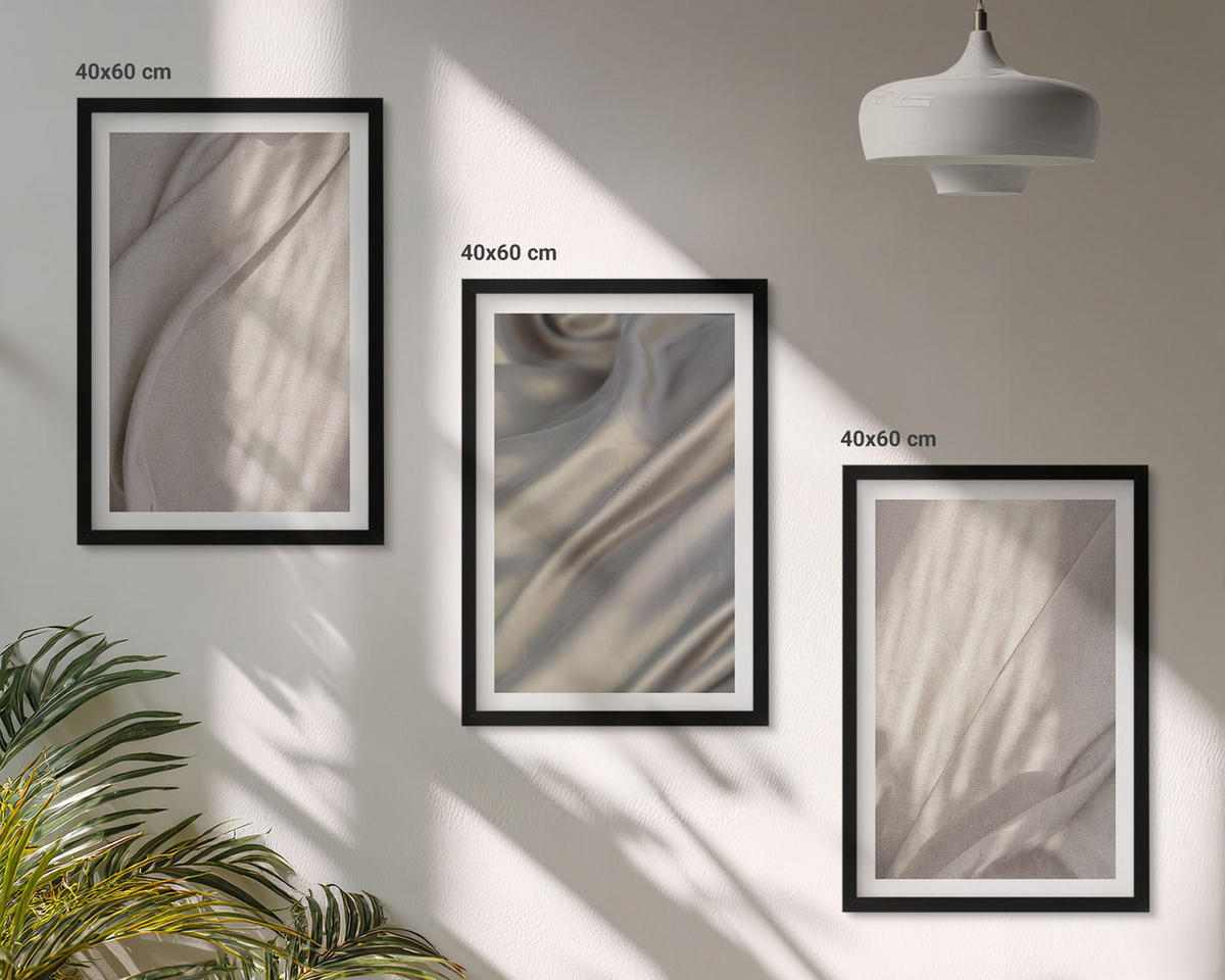 WANDBILDER 3er-Set - 40x60 cm Schwarzer Rahmen - Nahaufnahme von natürlichen Boho-Stoffen - Schwarz, Kunststoff (40/60cm) - ArtPrintCave