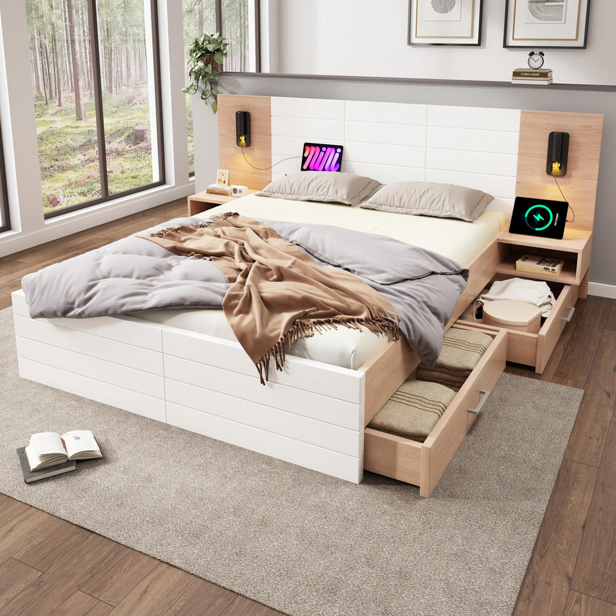 DOPPELBETT 180x200cm Holzbett Leselicht USB-Ladung 2 Schubladen Eiche-Weiß - Weiß, Holz - FLIEKS