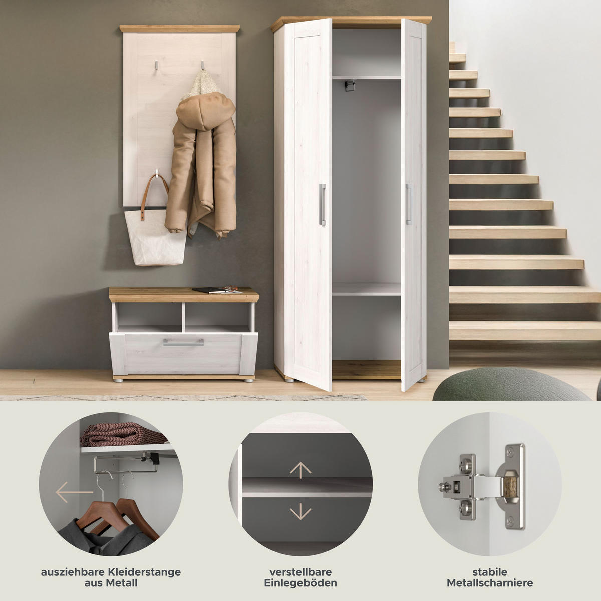 GARDEROBEN Set Verona 175x196x39 cm Sibiu Lärche Weiß 3tlg. - Lärchefarben, Holzwerkstoff (171/194/37cm)