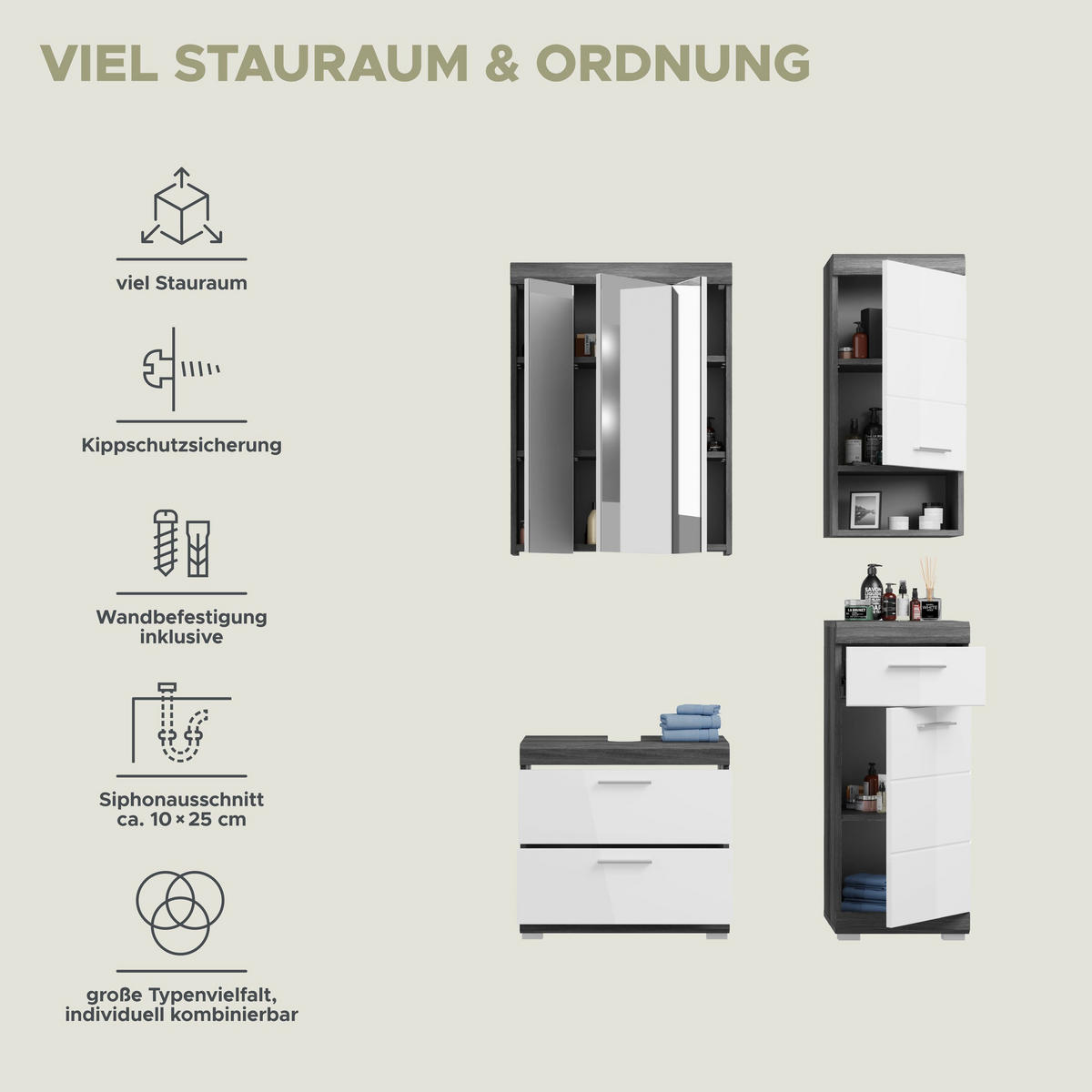 BADKOMBINATION 4tlg. Scout Bad in Rauchsilber Nachbildung und weiß hochglanz B/H/T: 112x191x34 cm - Anthrazit, Holz (112/191/37cm)