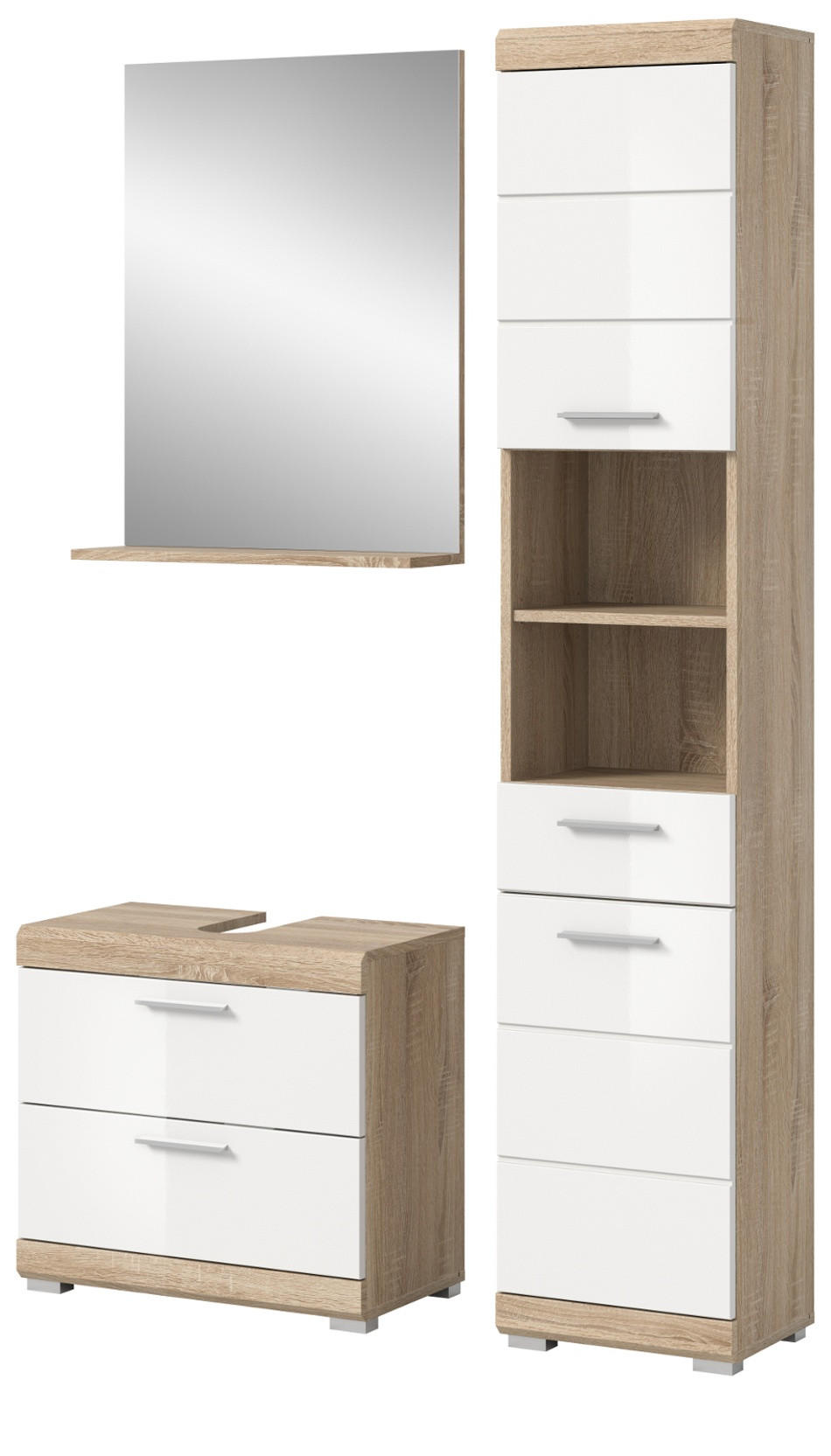 BADMÖBEL-SET weiß Hochglanz, Eiche 3-teilig 112 cm, viel Stauraum - Weiß Hochglanz/Eichefarben, Holzwerkstoff (112/191/37cm) - Inn.Furn