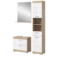 BADMÖBEL-SET weiß Hochglanz, Eiche 3-teilig 112 cm, viel Stauraum - Weiß Hochglanz/Eichefarben, Holzwerkstoff (112/191/37cm) - Inn.Furn