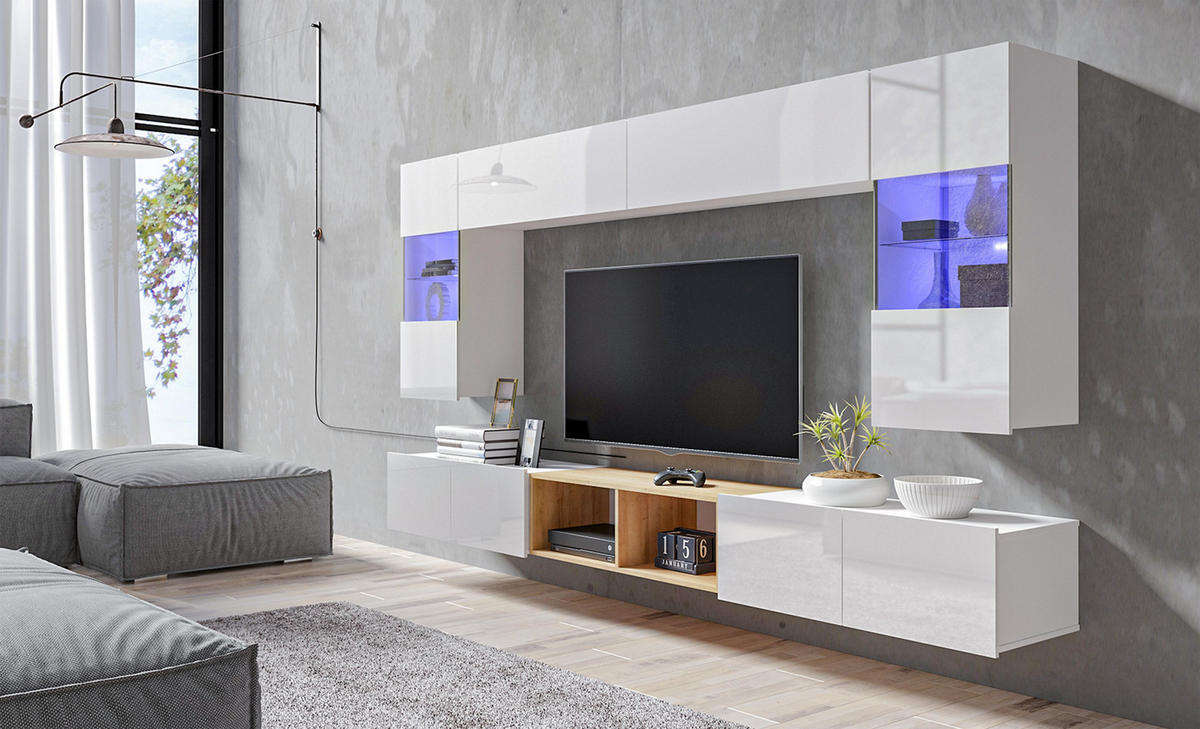 WOHNWAND Kossana 24 Modern Weiß/Goldene Eiche 300/154/43 cm Wohnzimmer Design - Weiß, Holzwerkstoff/Kunststoff (300/157/43cm) - AX Living