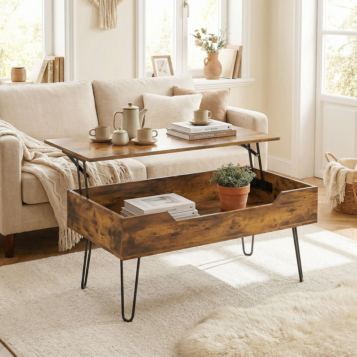 COUCHTISCH DE-15845 höhenverstellbare Platte Rustikales Braun - Braun, Holzwerkstoff (95/50/40cm) - ComfortXL