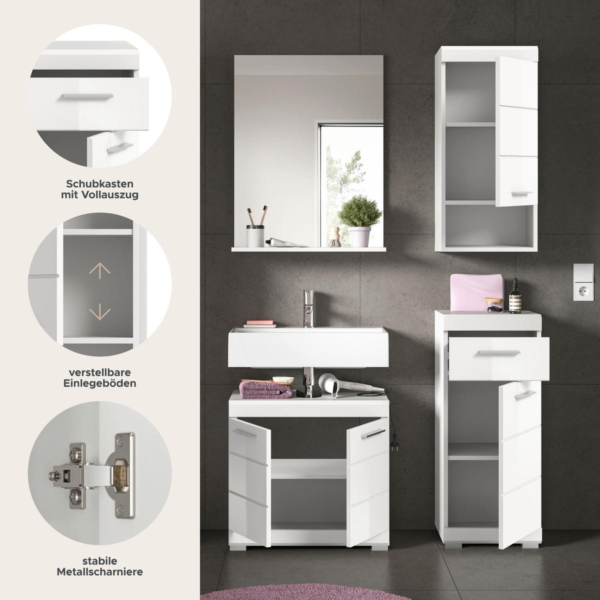 BADKOMBINATION 4tlg. Scout Bad in weiß Nachbildung und weiß hochglanz B/H/T: 112x191x34 cm - Weiß, Holz (112/191/34cm)