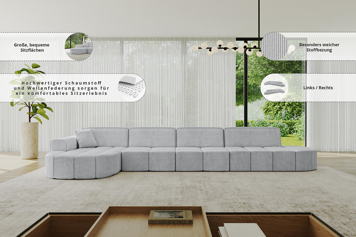 ECKSOFA Ottomane Links LIVO-L3 - 413x171x79,5 cm Senfgelb - Currygelb/Gelb, Holzwerkstoff/Textil (413/79.5/171cm) - ALTDECOR