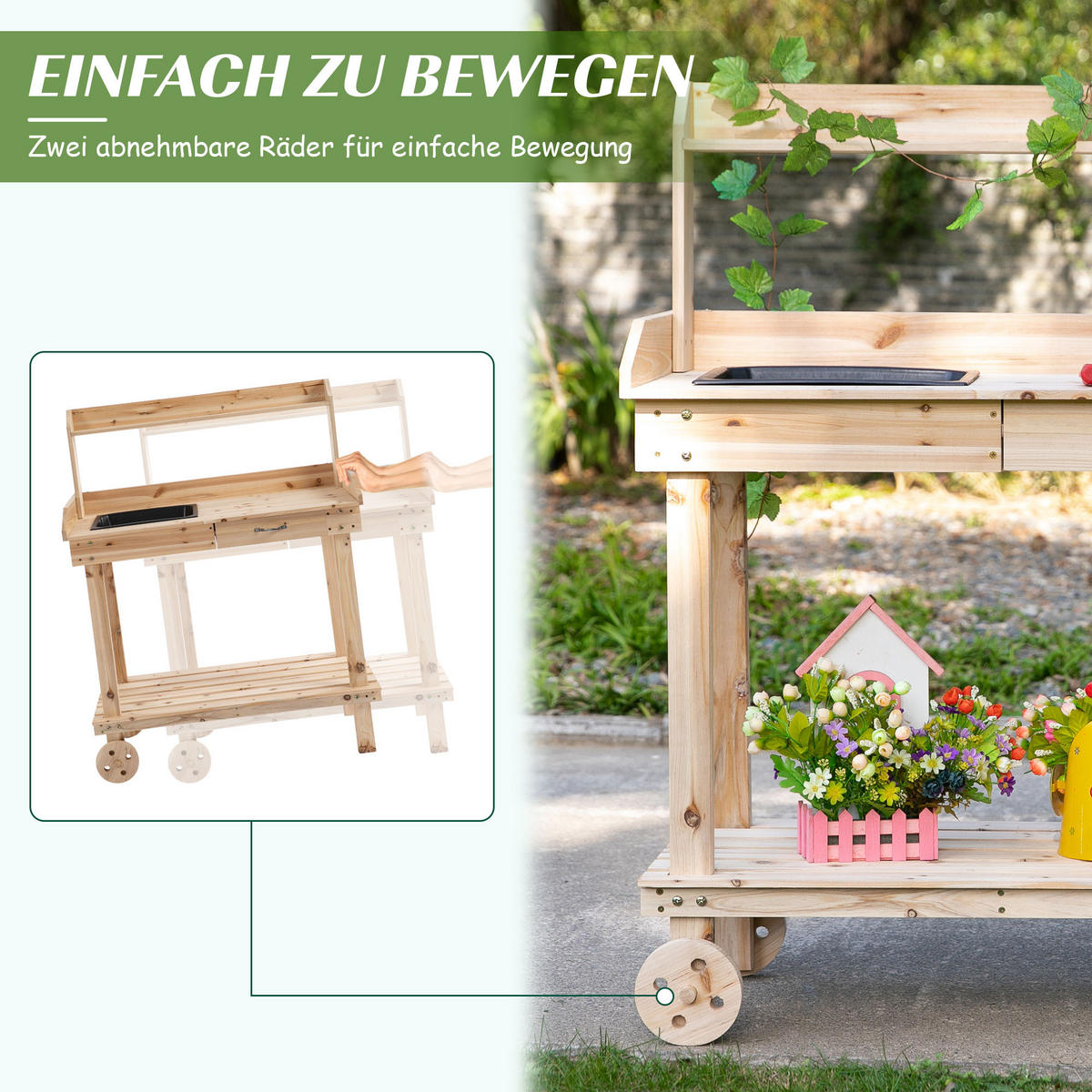 PFLANZTISCH mit Schublade, Gärtnertisch mit Waschbecken und Rollen, Tannenholz, Natur - Fichtefarben, Holz (92/45/119cm) - Outsunny