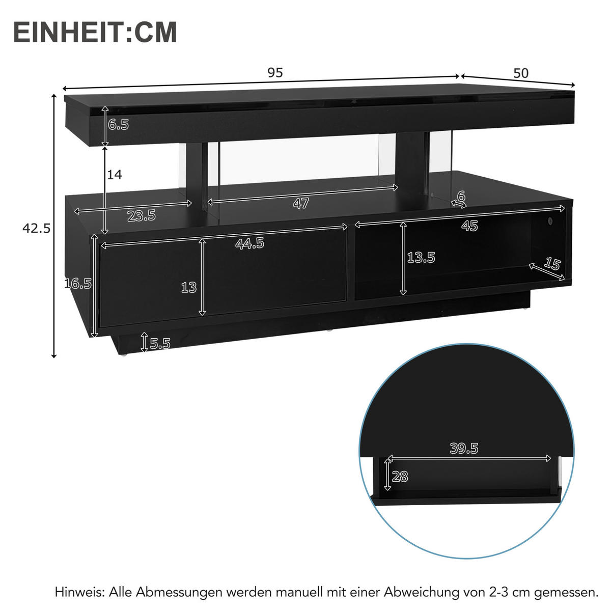 COUCHTISCH Schwarz Hochglanz mit 4 Glaseinsätzen, 2 Schubladen & LED per App, 95/50/42,5 cm,Schwarz - Schwarz, Holzwerkstoff (50/95/42.5cm) - Redom