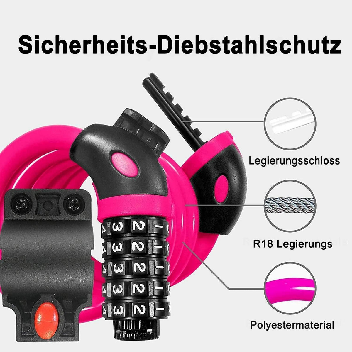 KABELSCHLOSS 120 cm mit Zahlenschloss und Halterung Rosa - Pink, Metall (4.1/16/15.3cm)