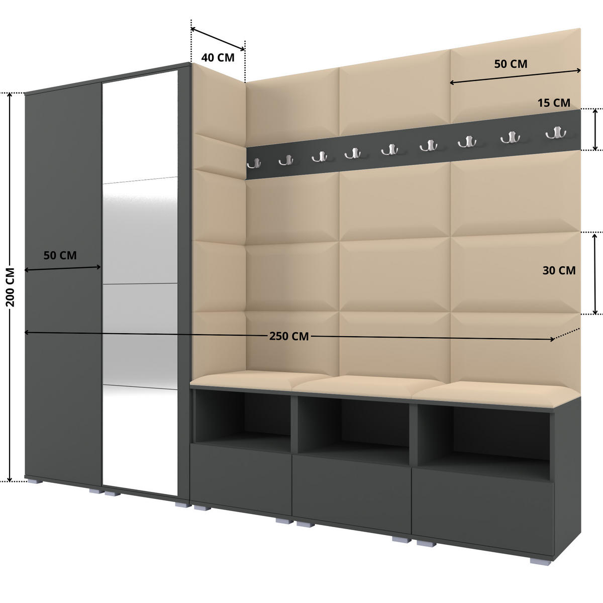 GARDEROBE NELA VII 250 cm (Modulare Flurmöbel XL Graphit mit Spiegel & Sitzpolster Beige 04 Universell) - Beige/Silberfarben, Holz/Holzwerkstoff (250/187/40cm) - Ravio