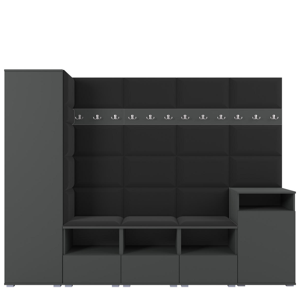 GARDEROBE NELA XI 250 cm (Modulare Flurmöbel Graphit mit Sitzpolster Schwarz 16 Großes Set) - Silberfarben/Schwarz, Holz/Holzwerkstoff (250/187/40cm) - Ravio