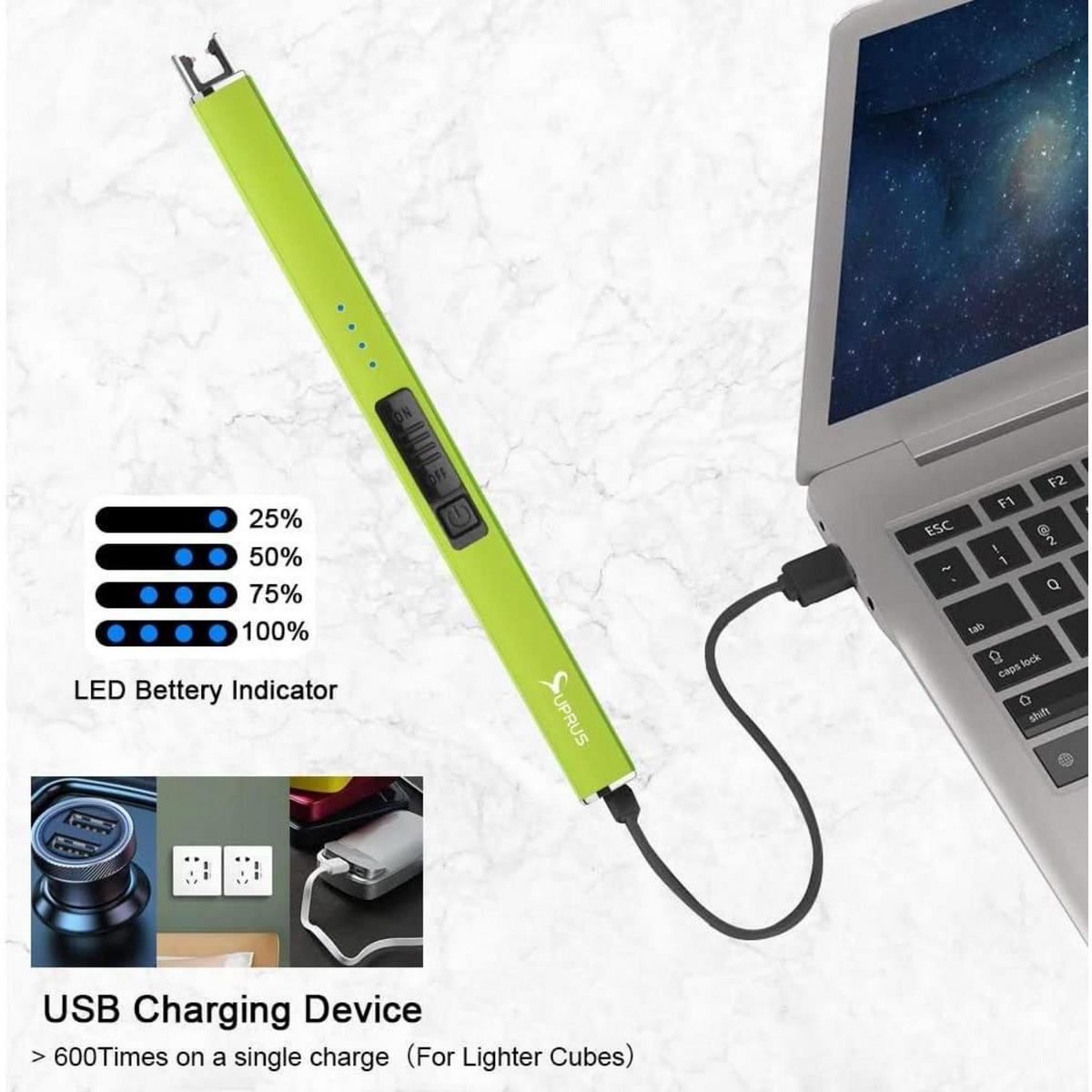ELEKTRISCHES Feuerzeug mit Lichtbogen, wiederaufladbar, USB, winddicht, gelb - Hellgrün, Kunststoff (4.1/1.5/19.4cm)