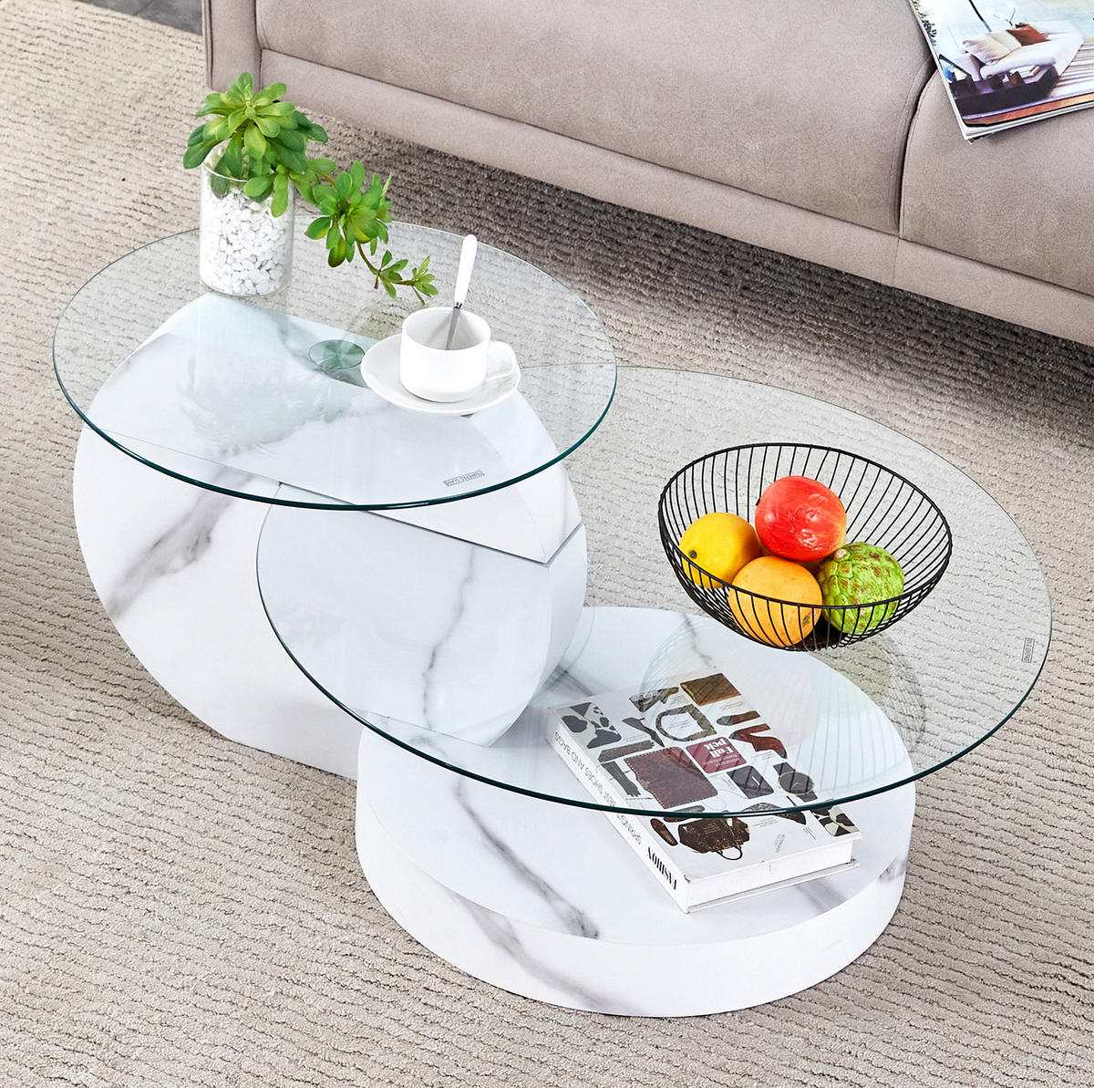 KONFERENČNÍ stolek 70/70/45 cm bílý z MDF a skla s mramorovým dekorem a dvouúrovňovou deskou - bílá, kompozitní dřevo (90/70/44cm) - OKWISH