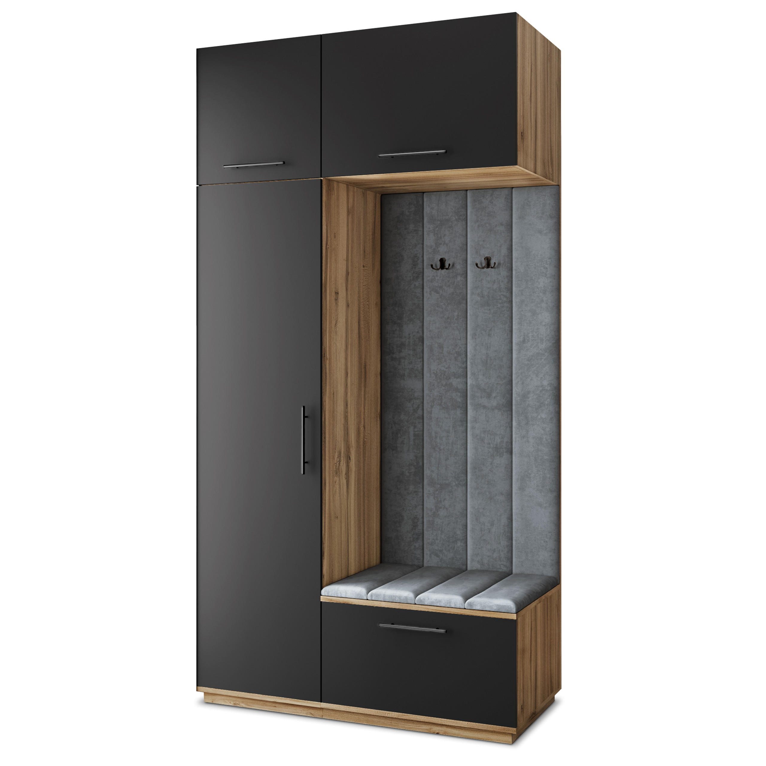 Masseno Garderobenschrank Eiche Wotan, Schwarz, Grau 120x240x60 cm