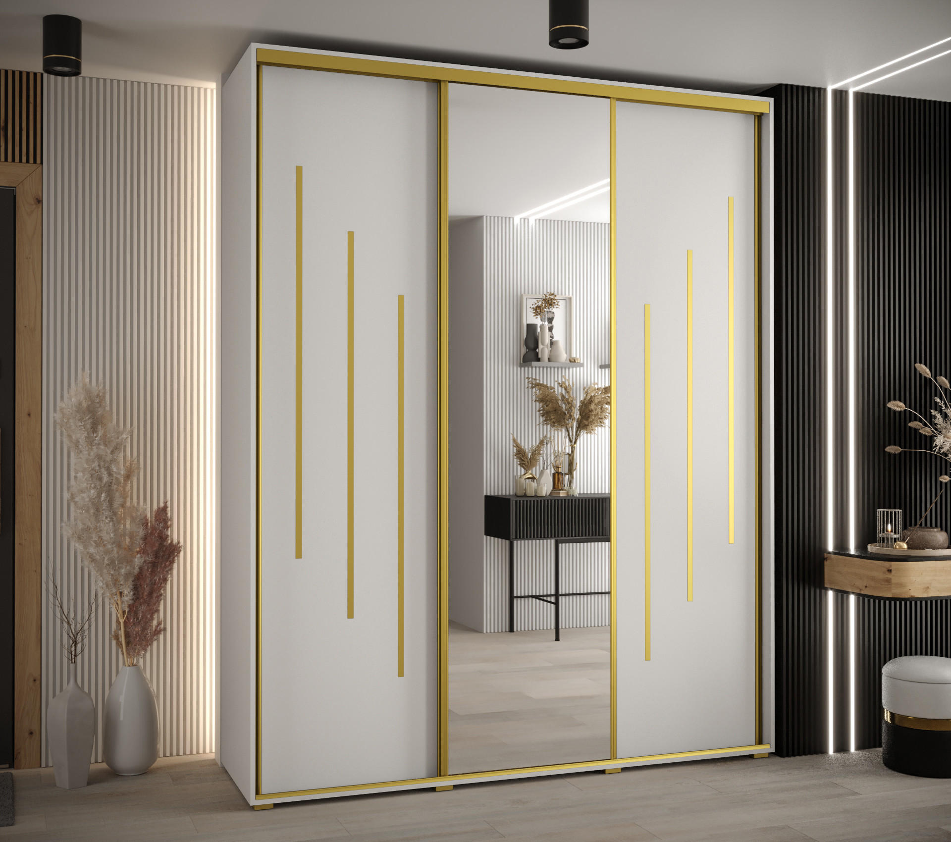 SCHWEBETÜRENSCHRANK 235,2/200/60 3-türig - Goldfarben/Weiß, Holz/Metall (200/235/60cm) - Abiks Möbel