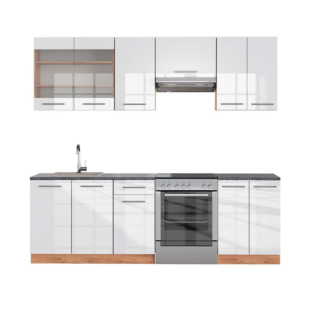 Vicco Küchenzeile Weiß Hochglanz, Eiche 240x81.6x60 cm