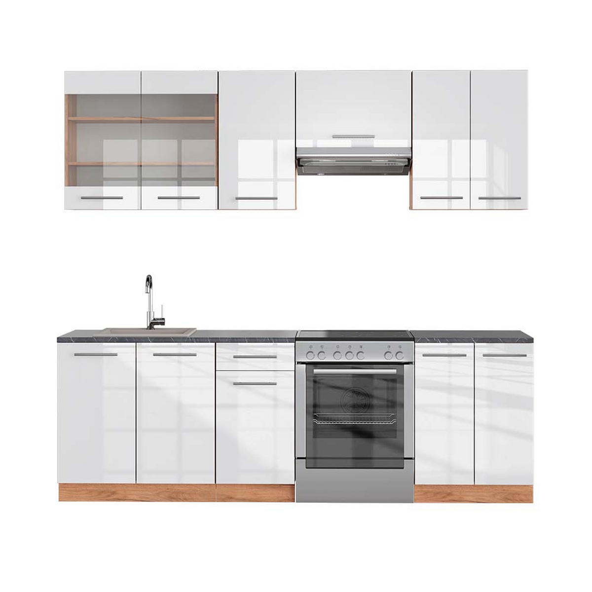 KÜCHENZEILE Fame-Line Weiß Hochglanz/Goldkraft Eiche 240 cm AP Anthrazit - Honigeiche/Weiß Hochglanz, Holzwerkstoff (240/81.6/60cm) - Vicco